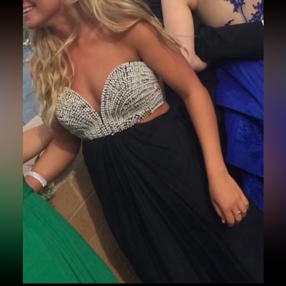 La Femme Silver Beads and Pearl Black Strapless Formal Dress, Prom,Dance,Wedding - Picture 3 of 12